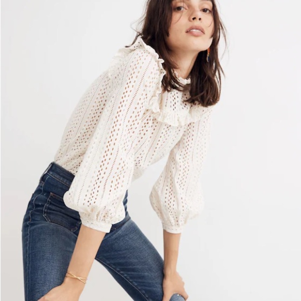 Madewell Eyelet Embroidered Ruffle Top Size Small Ivory Cream Blouse NWT